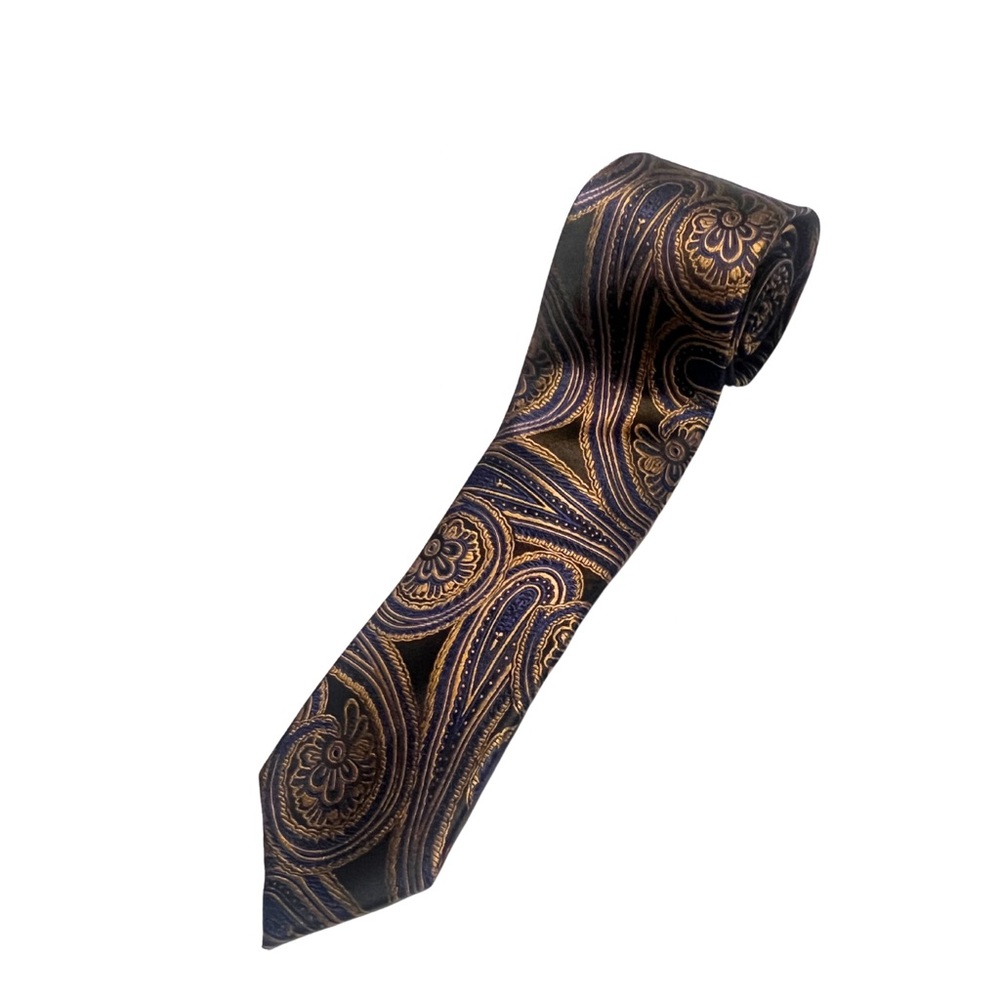 Assante Uomo 100% Silk Paisley Tie & Pocket Square Set - Navy & Gold
